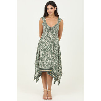 Angie Angie Smocked Bodice Printed Assymetrical Hem Dress (F4K73)