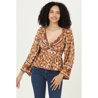 Angie Angie V Neck Twist Front Flare LS Top (C2145)